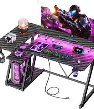 40 Inch Gaming Desk with Power Outlet & LED Lights, L Shaped Computer Gaming Table with 3 Tiers Storage Shelves, Corner Gamer Desk with Monitor Stand for Small Space, Carbon Fiber Black
