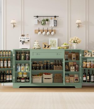 HITHOS 54″ Buffet Cabinet with Storage, Modern Kitchen Buffet Sideboard with Drawer, Wood Coffee Bar Station with Adjustable Shelves, Kitchen Storage Cabinet for Living Room, Green