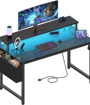 Lufeiya Black Gaming Desk with LED Lights and Power Outlets, 40 Inch Teen Writing Study Table Home Office Desks with Monitor Stand, Computer Desk with Charging Station USB Port, Black