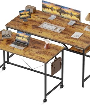 Mericonia 48 inch Computer Desk w/Shelf & Adjustable Feet, 32 inch Rolling Office Desk w/ 1 Hook, Small Space Desk for Home, Office, Study, Writing, Bedroom, 2 Pack