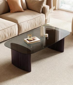 Modern Glass Coffee Table, Coffee Table for Living Room,Tempered Glass-top with Sturdy Wooden Base, Modern Coffee Tables for Small Space, Apartment, Office, Minimalist Design (Walnut)