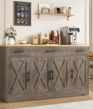 Vongrasig Buffet Cabinet with Drawers, 53” Large Sideboard Buffet Kitchen Storage Cabinet, Modern Farmhouse Coffee Bar with Shelves and Doors, Wood Buffet Table for Kitchen, Dining Room, Ash Grey